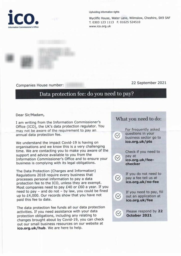 ICO Data Protection Fee Example Letter